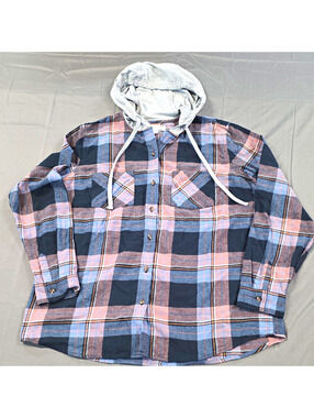 Natural Reflections Womens  L Plaid Flannel Hooded Pockets Long Sleeve Button-Up